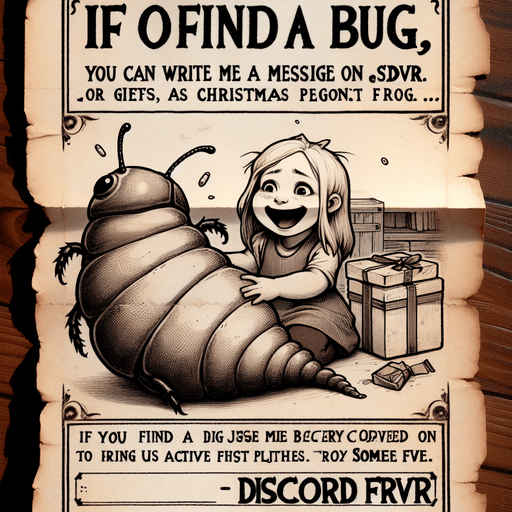 a pergament of a happy girl. she got a big fat slimy bug as chrismas present. There is the text: "If you find a bug, you cam write me a message on Discord FRVR. - Sasbe"