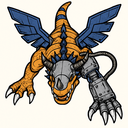 Metalgreymon, visto desde arriba, detalles altos, sin errores debe ser identico.
In-Game asset.  2d.  High contrast.  No shadows