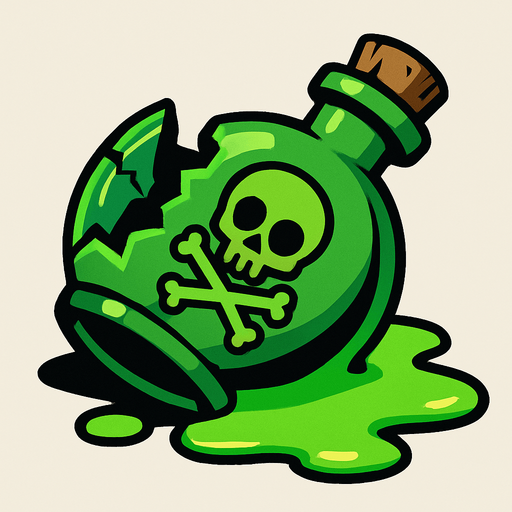 Bana yeşil kırılmış bir zehir şişesi çiz zehir yere akmış.
In-Game asset.  2d.  High contrast.  No shadows