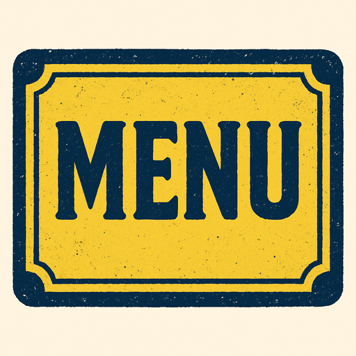 Menu yazan yatay bir resim oluştur . Arka Planı olmasın . Sarı Lacivert bir resim olsun.  retro temada olsun.
In-Game asset.  2d.  High contrast.  No shadows
