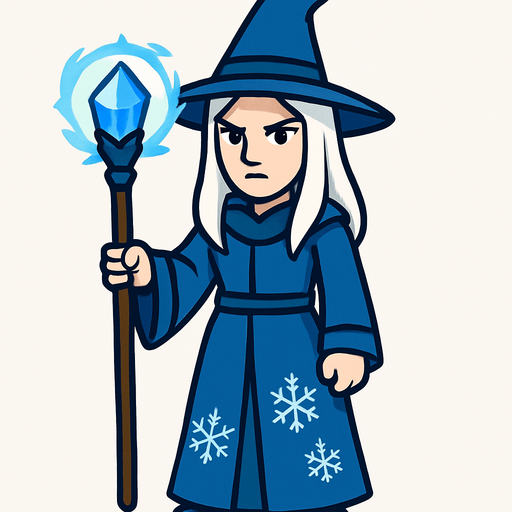 A female mage with pale skin, long white hair, wearing a long blue robe and a pointed blue hat, holding a glowing icy staff with a blue crystal, snowflake patterns on robe, cold expression, simple background, front-facing, no background, 2D game character.
In-Game asset.  2d.  High contrast.  No shadows