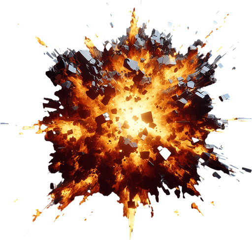 fire explode with piece of black steel.
Single Game Texture.  In-Game asset.  2d.  Blank background.  High contrast.  No shadows