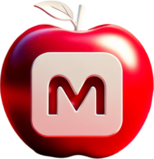 a white sign with a small "m" on a red apple..
Single Game Texture. In-Game asset. 2d. Blank background. High contrast. No shadows.