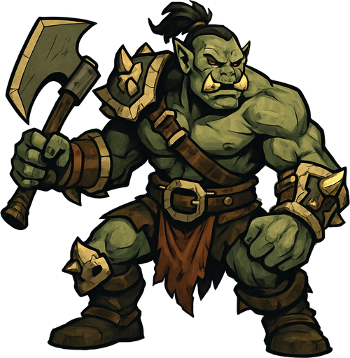 A full-body stylized illustration of an orc warrior, standing in a dynamic pose. The orc has green or grayish skin, muscular build, tusks, and tribal armor made of bone, leather, and metal. The style is fantasy-themed with bold lines, exaggerated proportions, and detailed textures. The lighting is dramatic, emphasizing the orc’s strength and menace. Background is minimal or softly blurred to keep focus on the character. Suitable for fantasy RPG game concept art..
In-Game asset.  2d.  High contrast.  No shadows
