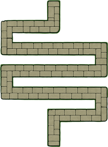 A top-down orthographic view of a TD map. The focus is a single, continuous stone-paved path. This path is a long, serpentine line that twists and turns across the map in a strict grid pattern with sharp 90-degree angles. Crucially, the path never forks, branches, or intersects with itself; it is one unbroken line from start to finish. It enters at the top-center edge and exits at the bottom-center edge. The buildable areas next to the path are wide, flat, and empty grass. All decorative clutter, like mossy ruins and ancient trees, is kept exclusively on the outer perimeter of the map. Stylized and hand-painted. --no towers, no characters, no buildings, no crossroads, no forks.
In-Game asset.  2d.  High contrast.  No shadows