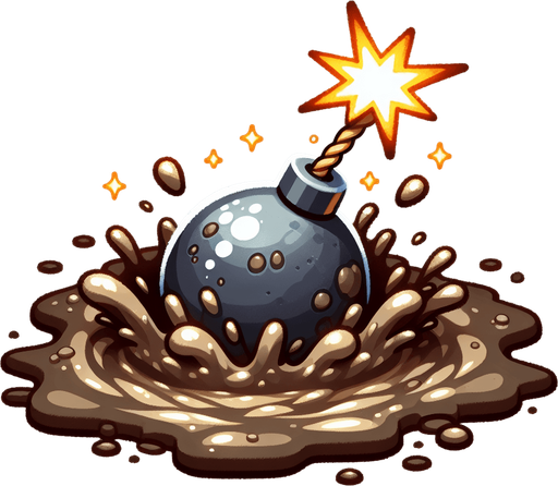 sparking bomb inside MUD HOLE.
Single Game Texture. In-Game asset. 2d. Blank background. High contrast. No shadows.