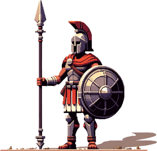 An animated image of an ancient greek warrior.
Single Game Texture. In-Game asset. 2d. Blank background. High contrast. No shadows.
