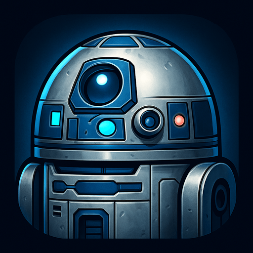 A stylized app or game icon featuring the head of a compact, dome-shaped sci-fi droid. The droid has a shiny metallic silver and blue color scheme, a round central photoreceptor "eye," and various small lights, sensors, and panels. The design is friendly and futuristic, with clean mechanical details and a slightly worn metallic finish. The background is dark or softly glowing with blue tones, highlighting the droid’s silhouette. Square or circular layout, 1024x1024 resolution, high detail, concept art style. Inspired by classic sci-fi utility robots, fully original and suitable for use without copyright concerns..
In-Game asset.  2d.  High contrast.  No shadows