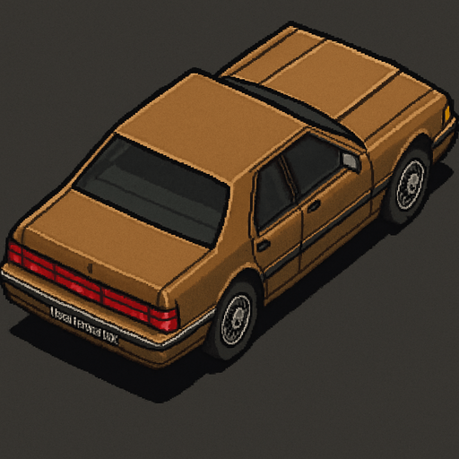 Brown Ford sedan thunder bird car, seen from behind Top-down, gta2, Single Game Texture. In-Game asset. 2d. Blank background. High contrast. No shadows.isometric its looks retro. In-Game asset. 2d. High contrast. No shadows