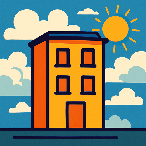 cloudy sunny building background.
In-Game asset.  2d.  High contrast.  No shadows