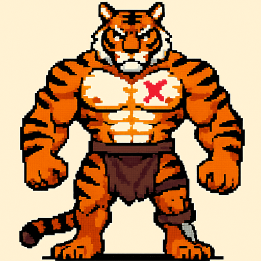 Tigre furry fuerte con una marca de x en su pectoral y pixeleado y que se vea todo su cuerpo, con un taparrabos y una piernera con una daga 
In-Game asset.  2d.  High contrast.  No shadows