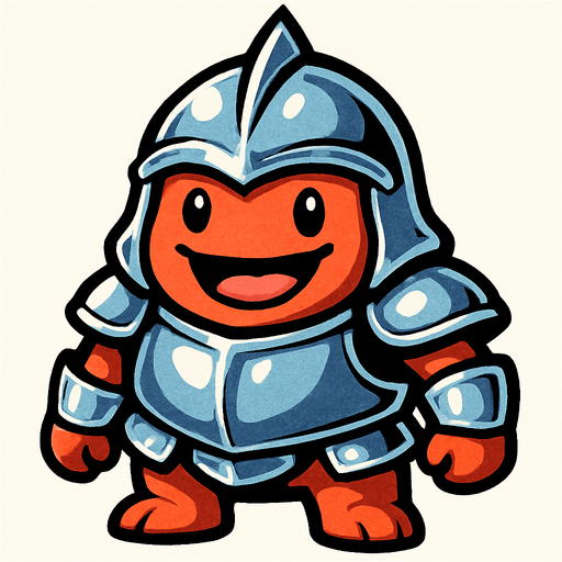 Monster with shiny armor and a helmet. Monster has a happy face.
In-Game asset.  2d.  High contrast.  No shadows