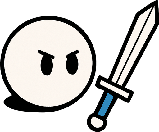 White simple circular enemy seen from above, black outline. Black eyes, with a single Sword in-font of it. Black and white only. Blue background.