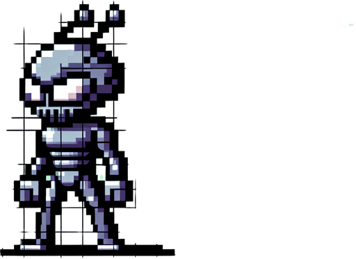8-bit. Cartoon. alien flying enemy boss. seen from the front. in game asset. Single Game Texture. In-Game asset. 2d. Blank background. High contrast. No shadows.
