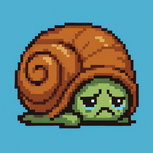 desperate depressive cute snail is hiding in shell 2d pixel art.
In-Game asset.  2d.  High contrast.  No shadows