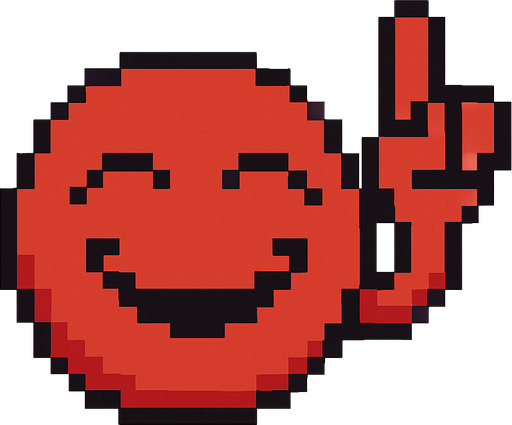 make 2d red pixel ,pointing up with the index finger with smile and close eyes.
In-Game asset.  2d.  High contrast.  No shadows
