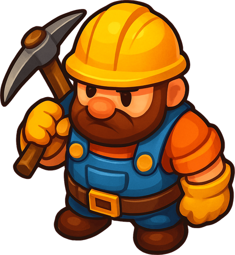 Crea un personaje "Trabajador" para un juego de Tower Defense, en un estilo 2D renderizado, limpio y cartoonish. El trabajador debe tener contornos claros y definidos, colores vibrantes con transiciones suaves, y sombreado que dé volumen.

El diseño debe ser el de un personaje compacto y robusto, diseñado para ser fácilmente reconocible desde una vista cenital/ligeramente aérea, pero con suficiente detalle para mostrar su progresión. Debe evocar la idea de construcción, minería o recolección de recursos..
In-Game asset.  2d.  High contrast.  No shadows