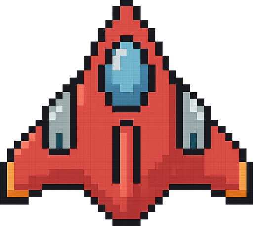 Arcade style space ship. No background. Transparent background. Blank background. No shadows. 2d. In-Game asset. flat