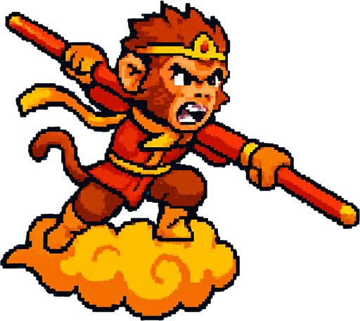 monglkey king raja kera di atas awan kinton menyerang dengan tongkat sakti. side scroller image.
In-Game asset.  2d.  High contrast.  No shadows