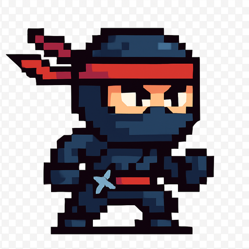 El ninja debe ser un personaje compacto y ágil en estilo pixel art, con un traje negro o azul oscuro que cubra todo su cuerpo excepto los ojos, los cuales deben ser expresivos y ligeramente entrecerrados para mostrar concentración o determinación; puede tener una banda o pañuelo rojo atado en la frente que se extienda hacia atrás con movimiento, y detalles mínimos como cinturón, guantes o pequeñas armas visibles como una estrella ninja al costado; el diseño debe ser simple pero dinámico, con animación sutil de respiración o movimiento de tela, y fondo transparente, ideal para integrarse en un juego de acción o reflejos con estética caricaturesca o retro..
In-Game asset.  2d.  High contrast.  No shadows