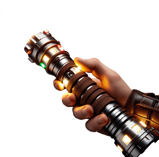 standing Lightsaber handle with led light and brown grip in vertically view.