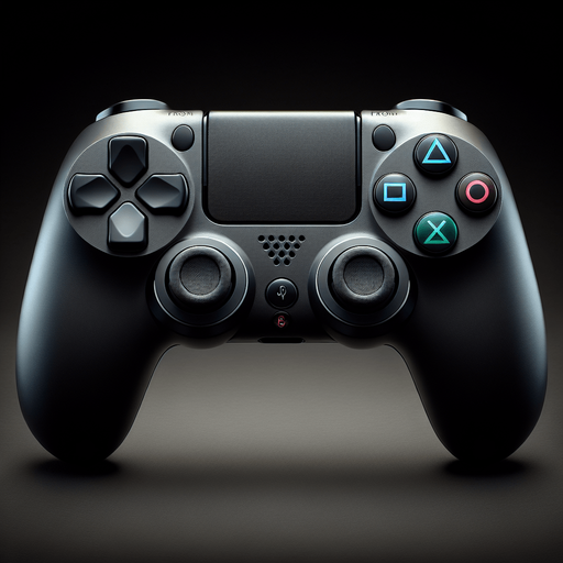 A sleek game controller inspired by a PlayStation design, viewed from a front perspective. On the left side, there is a cluster of four directional arrow buttons arranged in a cross pattern. On the right side, four distinct circular buttons are arranged in a diamond shape, each with a unique symbol: a blue button with a simple 'X', a red button with a 'O', a green button with a triangle, and a pink button with a square. The controller itself is ergonomic, with a clean and modern design, featuring a matte black surface and subtle accents for a polished and professional gaming aesthetic..
Single Game Texture. In-Game asset. 2d. Blank background. High contrast. No shadows.