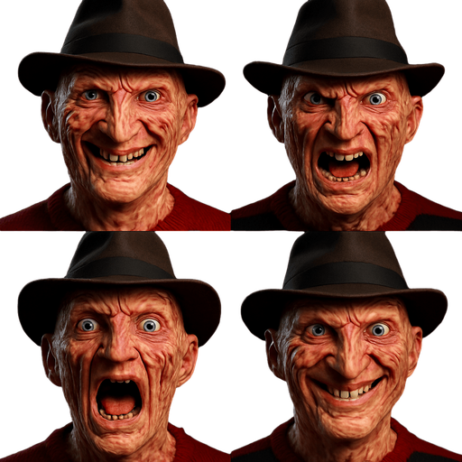 3D Scary and funny face meme Freddy Krueger. different faces look. face only
In-Game asset.  3D.  High contrast.  No shadows. face only