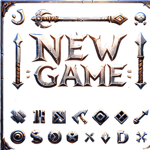 Надпись New Game в кузнечном и фентезийном стиле.
Single Game Texture. In-Game asset. 2d. Blank background. High contrast. No shadows.