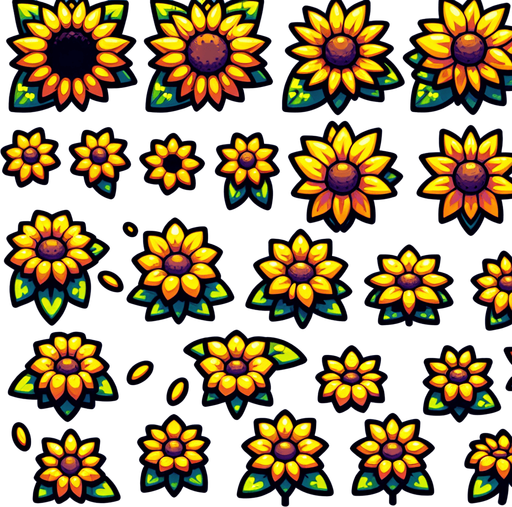 A sprite sheet of different yellow sunflowers seen from above. Cartoon. All similar size. Just the blossom. Bold colors and shading. 
Single Game Texture. In-Game asset. 2d. Blank background. High contrast. No shadows.