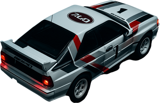 Photorealistic white audi b2 quattro RALLYCAR with red,grey,black stripes livery, drone topview from back in night. Angle should be 45 degrees in the top right corner of the screen.