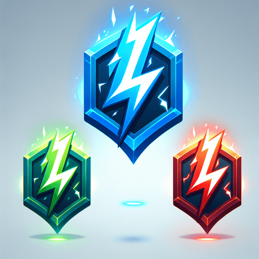 A glowing, floating power-up icon shaped like a lightning bolt, rotating in mid-air. Colors include blue, green, and red variants.".
Single Game Texture.  In-Game asset.  2d.  Blank background.  High contrast.  No shadows