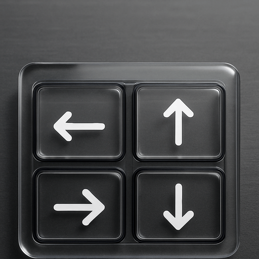 Photorealistic transparent rectange dj deck sample buttons with black rounded corners, front view. White Left, Right, Up, Down arrows, next to each other, front view