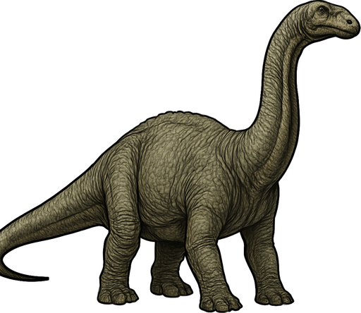 A large, realistic Apatosaurus dinosaur depicted in a neutral standing pose on a transparent background. It has a long, thick neck and a massive, sturdy body covered in textured grayish-green scales. The dinosaur’s skin shows wrinkles and subtle roughness, with detailed muscle structure beneath. Its long tail extends straight behind, balancing the heavy body. The head is small compared to its body, with gentle eyes and a blunt snout. The overall look is calm but powerful, emphasizing the enormous size and strength of this giant herbivore..
In-Game asset.  2d.  High contrast.  No shadows
