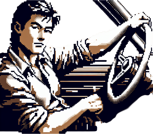 cool looking driver leaned back and holding a car wheel as if he's driving. 30 years old. vintage retro 1980 style. 3/4 view. pixelated. 8 bit. Single Game Texture. In-Game asset. 2d. Blank background. High contrast. No shadows.