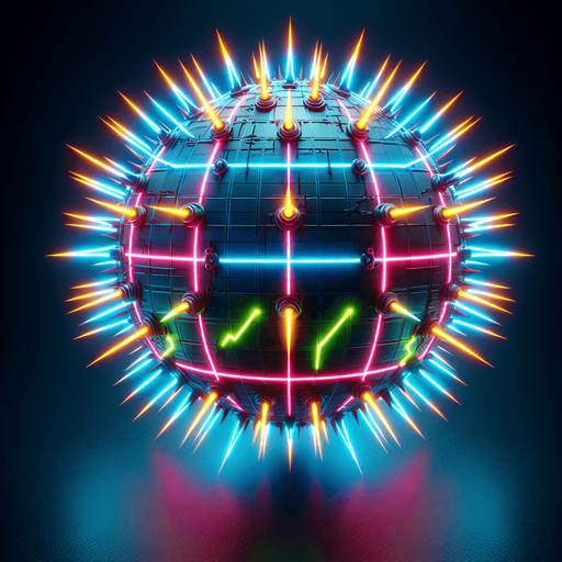 electrical neon colored cyberpunk sphere barrier with spikes.
Single Game Texture. In-Game asset. 2d. Blank background. High contrast. No shadows.