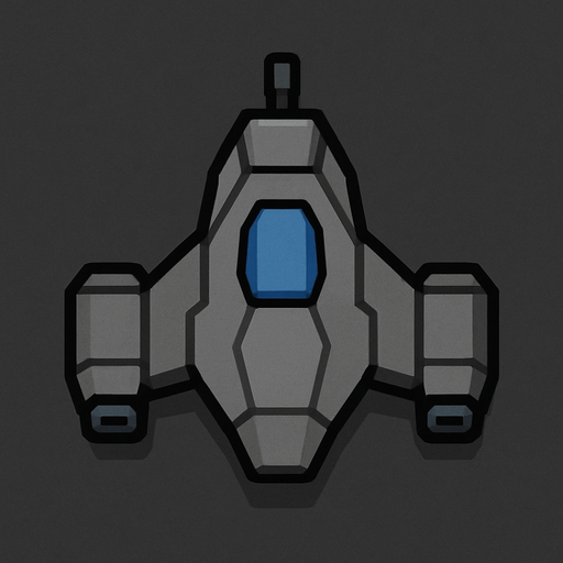 Design a basic 2D top-down spaceship with a compact, angular body and minimal detailing. The ship should have a small central cockpit, two modest rear thrusters, and one weapon mount. Colors are simple — grays and blues — suggesting a utilitarian design. It should look like a beginner’s ship: reliable but not advanced.
In-Game asset.  2d.  High contrast.  No shadows