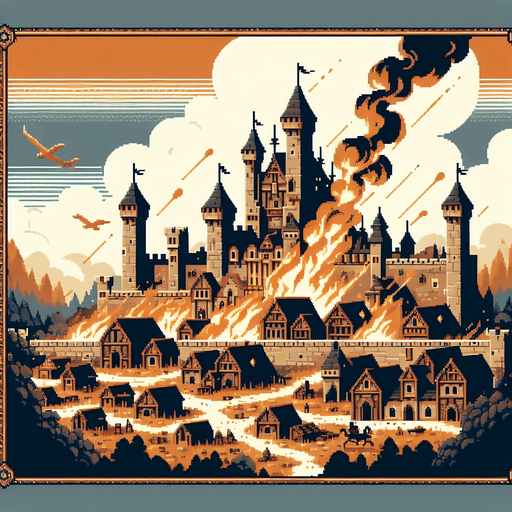 pixel art dramatic epic medieval village castle burning bad day.
Single Game Texture.  In-Game asset.  2d.  Blank background.  High contrast.  No shadows