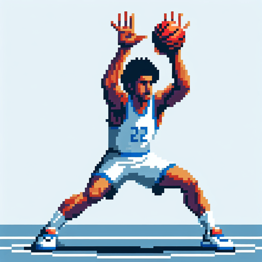 pixel art, an empty handed basketball player blocking with his empty hands over his head. full figure..
Blank background. High contrast. No shadows.