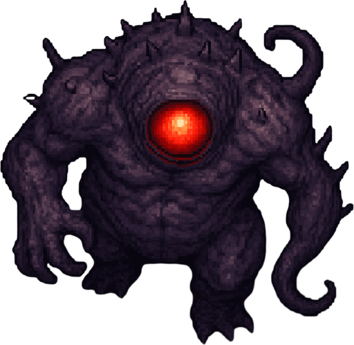 “Top-down 2D pixel art of a massive purple monster with a single glowing red eye. The creature has a deformed, muscular body, rough light purple skin with spikes or scales, and a monstrous, intimidating stance. Its eye is large and central, glowing intensely with a sinister aura. Clawed hands or tentacles may be emerging from its body. Designed as a high-quality game sprite for a dark fantasy or horror-themed pixel art game.”