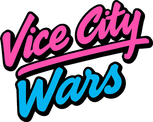 letras de color rosa y azul y con cursiva que digan vice city wars.
In-Game asset.  2d.  High contrast.  No shadows