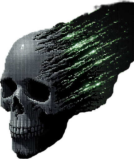 A pixelated skull with green digital "code streams" dripping down, symbolizing a destructive digital attack.
Neon green and dark gray..
Single Game Texture. In-Game asset. 2d. Blank background. High contrast. No shadows.