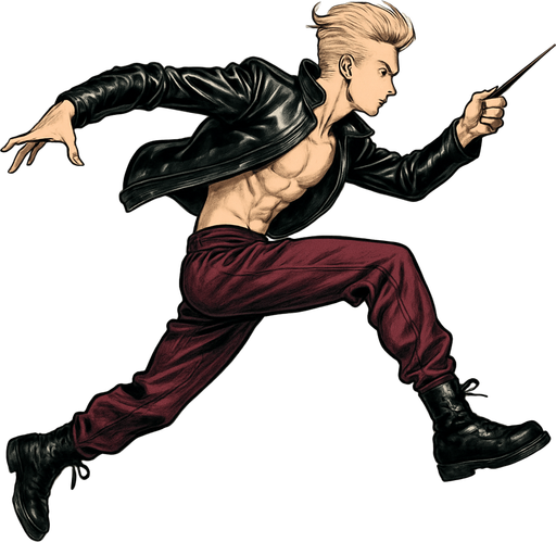 Swishy graceful man Cyberpunk manga, wand pointed straight ahead, arm extended, jump attack, side profile view attack animation, shiny black leather biker jacket longsleeves shirtless Skinny abs blonde pompadour guy, action shot wine red joggers combat boots, Background removed, "Full-body character, entirely in frame, no cropping of face, head, or feet" "Complete character visible, from head to toe, fully centered in the image" "Entire character, including face and boots, fully within the frame" Character fully contained within a square frame, no edges cut off fashion model running pose