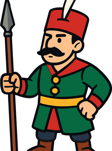 Animasyon çizgi dizi tarzında bir Osmanlı mızrakçısı.
In-Game asset.  2d.  High contrast.  No shadows