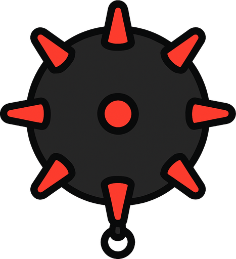 2D game asset, vector style, high contrast, flat colors, no shadows, a classic black spherical sea mine with small red spikes (contact horns), suitable for a top-down game, transparent background, PNG format..
In-Game asset.  2d.  High contrast.  No shadows