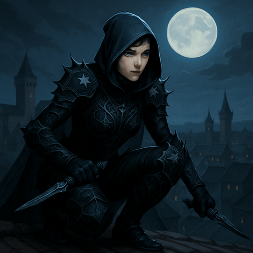 A fierce assassin in obsidian armor and a hooded cloak, crouched on a rooftop under the moonlight. Female, 33 years old, lean and deadly, short jet-black hair, piercing ice-blue eyes, pale porcelain skin. Her armor is adorned with thorn motifs. A poisoned dagger in each hand. Background shows a quiet castle town below. Realistic, highly detailed, stealthy night-time mood. reaalistic.
In-Game asset.  2d.  High contrast.  No shadows