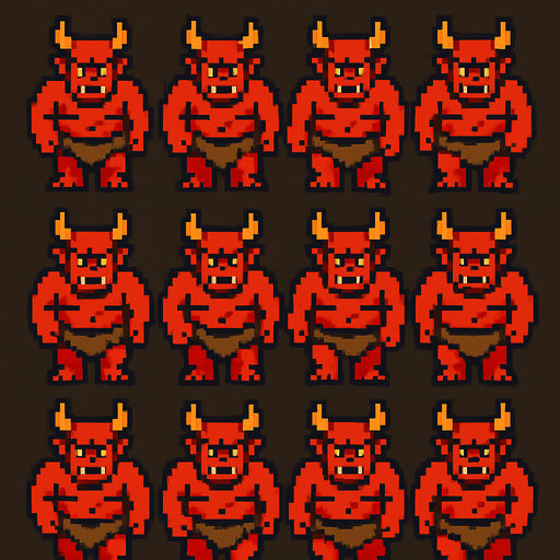 A walking sprite sheet for demonic ogre. Front perspective. Retro PC pixel. 
In-Game asset.  2d.  High contrast.  No shadows