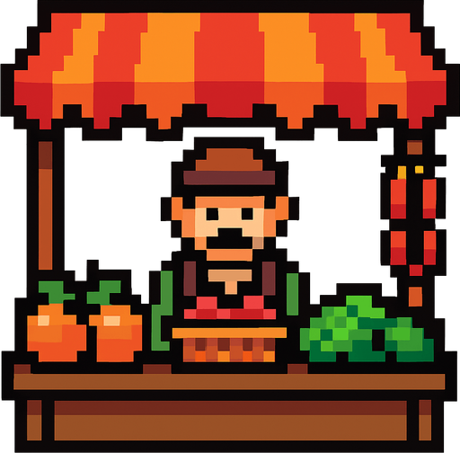 npc market pixelart.
In-Game asset.  2d.  High contrast.  No shadows