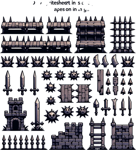 A spritesheet in sideperspectie showing various platform for a platformer game, some of them with medieval spilketraps or sets of spiked pallisades..
Single Game Texture. In-Game asset. 2d. Blank background. High contrast. No shadows.