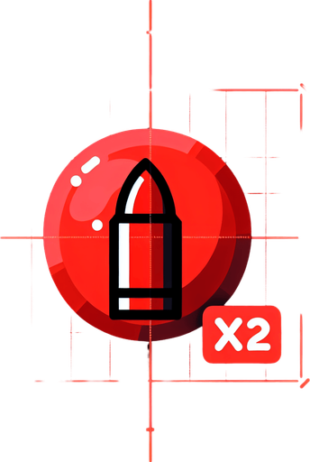 red  circle with black background and bullet on middle next to x2 symbol.
Single Game Texture. In-Game asset. 2d. Blank background. High contrast. No shadows.