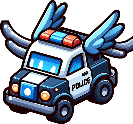 A cartoon flying police car.
Single Game Texture. In-Game asset. 2d. Blank background. High contrast. No shadows.